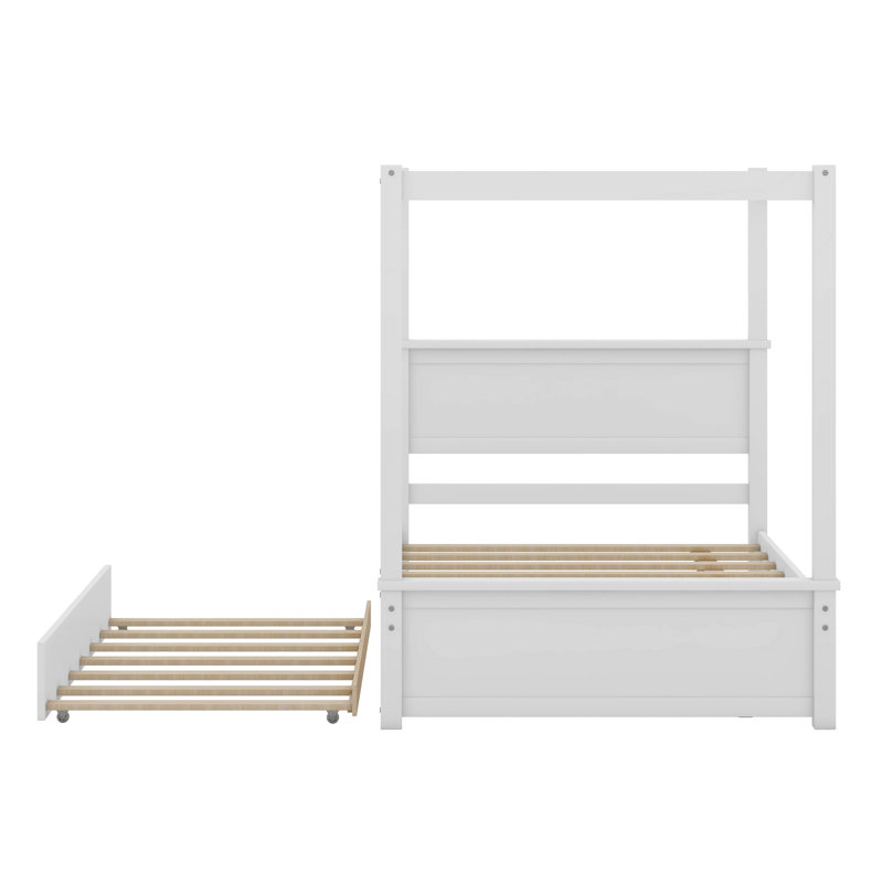 Cactier Full Size Canopy Platform bed With Trundle Bed, Brushed White