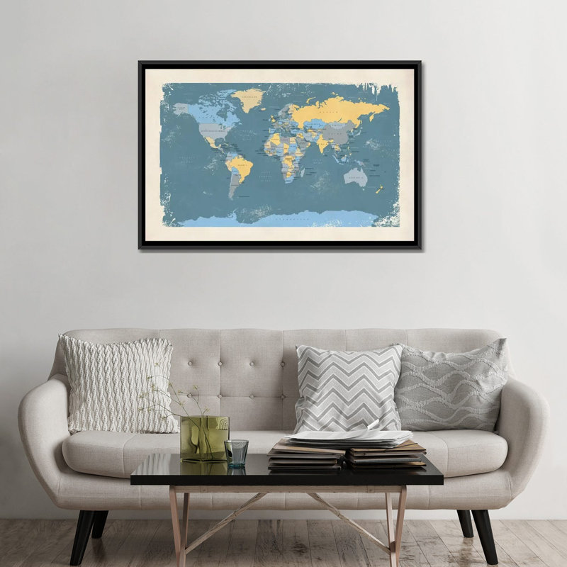 «Retro Carte politique du monde II» par Michael Tompsett, impression sur toile, H 32 po x l 48 po x P 1,5 po, Pas de tapis