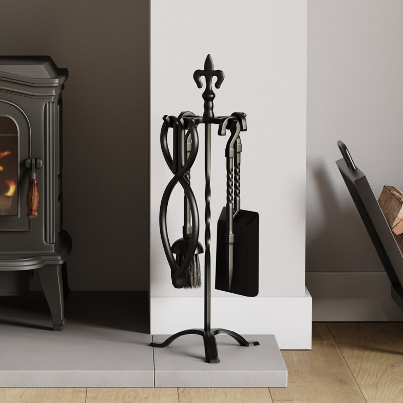 Vida Fleur-de-Lys Steel Fireplace Tool Set, Black