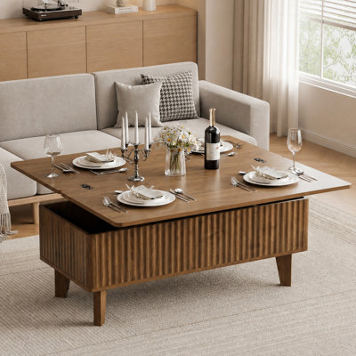 4-in-1 Lift-Top Coffee Table with Storage, Mid-Century Modern Wood Fluted Design, Convertible Center Table for Living Room and Dining，Walnut