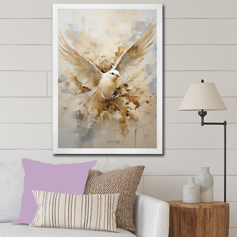 Minimalisme beige et colombe dorée I - art mural colombe, H 20 po x l 12 po x P 1 po, Cadre simple blanc