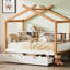Lit simple en bois simple, blanc avec finition en bois naturel - 2 tiroirs et 4 étagères pratiques pour le décor de la chambre
