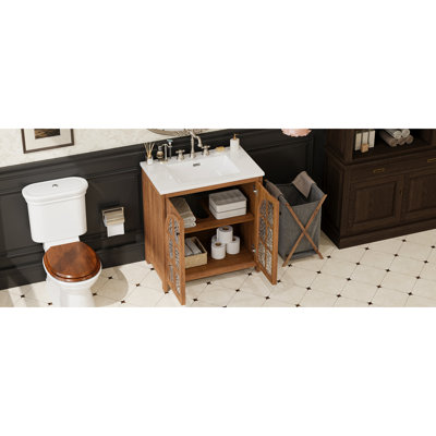Meuble-lavabo de 31 po avec lavabo rectangulaire en céramique, rangement spacieux, charnières, verre trempé épaissi, tablettes réglables 31 po, portes à fermeture en douceur, poignées en bronze antique