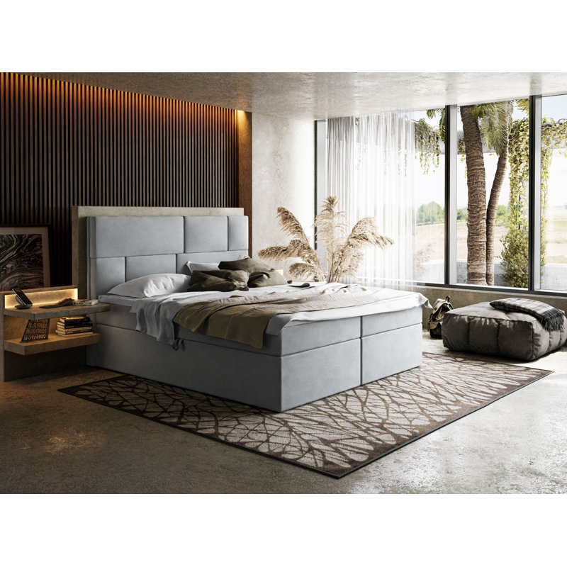 Lundell Lucy Box Spring Bed with Topper and Storage, Grey, European Double (140 x 200cm)