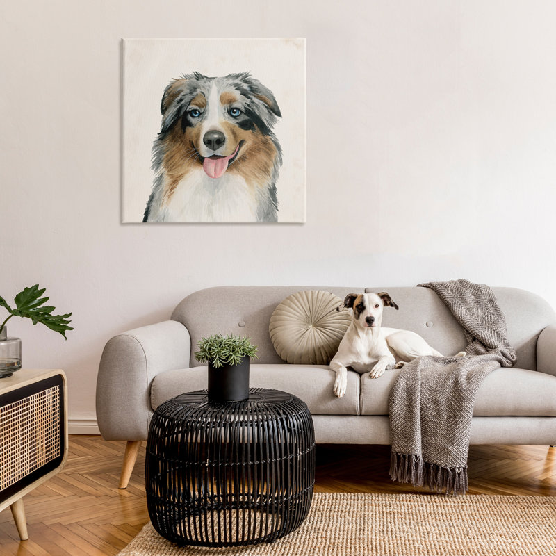 Soft Charming Australian Shepherd Dog Canvas Art in Neutral Tones