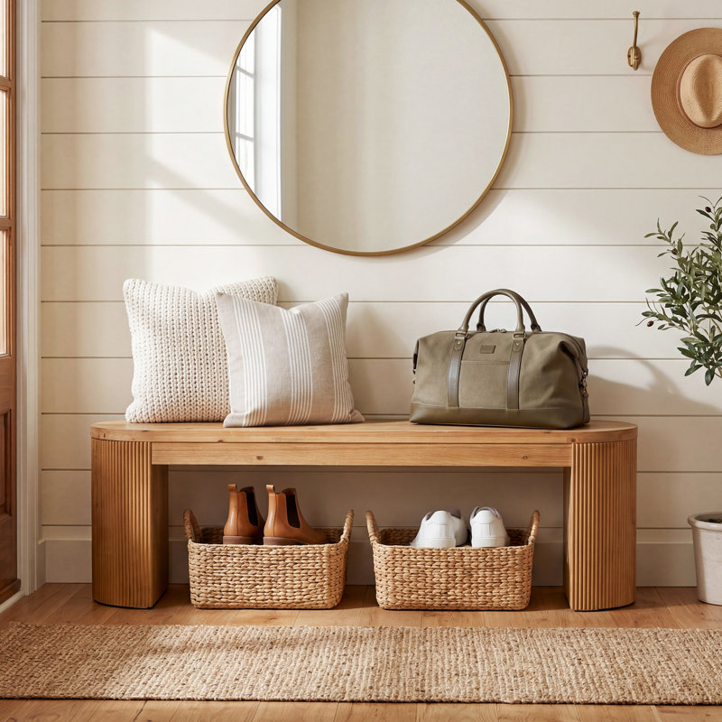 55" Solid Wood Entryway Bench With Fluted Design Legs, Easy Assembly