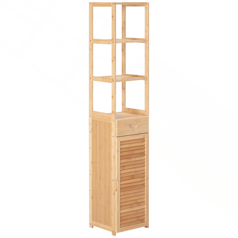 Tall Bathroom Cabinet with Drawer and Slatted Shelves, Slim Bamboo Linen Tower with Louvered Door, Natural