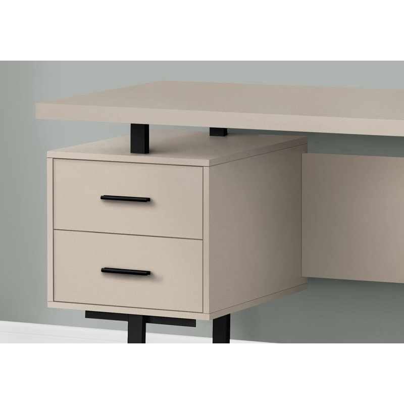 Bureau d'ordinateur 60 po - panneau de particules, 1 pièce, bureau avec tiroirs, taupe, avec réversible et base en métal noir en forme de U