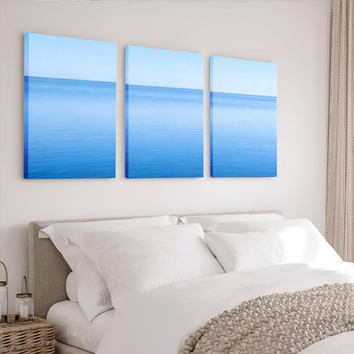 Ocean Horizon Gradient Blue Canvas Wrapped Wall Art Oil Painting Print Set of 3