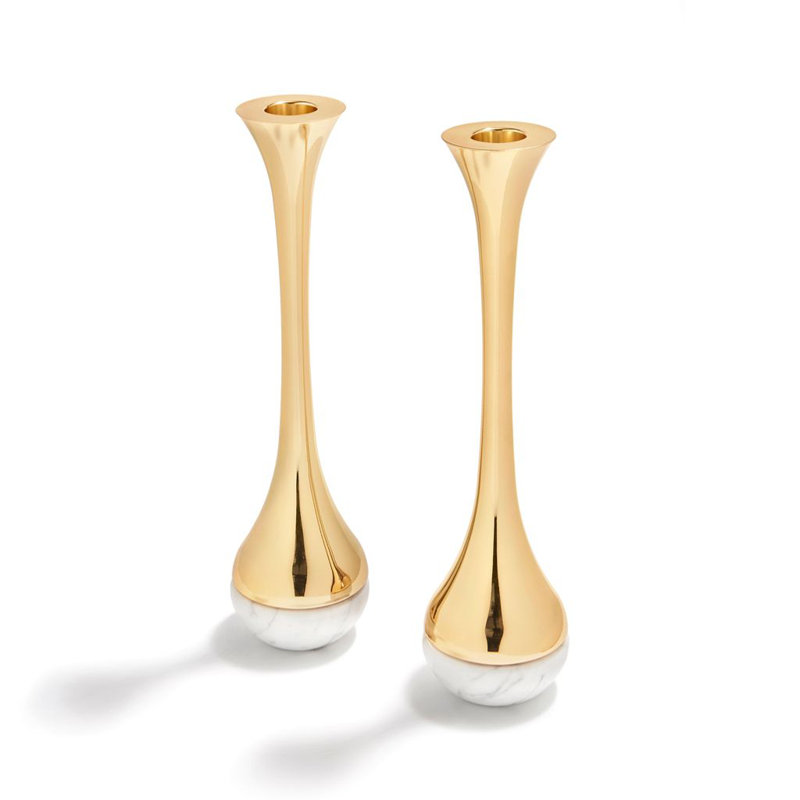 Carrara Marble and Brass Dual Taper Candlesticks Set