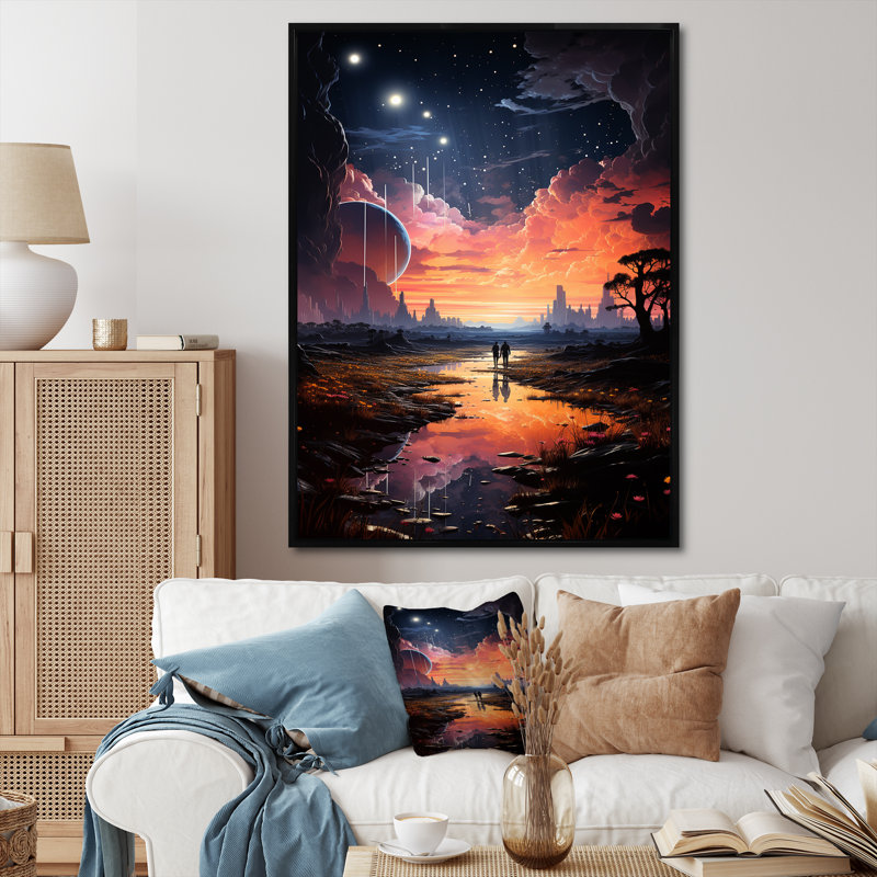 "Marche astrale bleue et rose vers la lune II", Cadre flottant noir, H 40 po x l 30 po x P 1,5 po