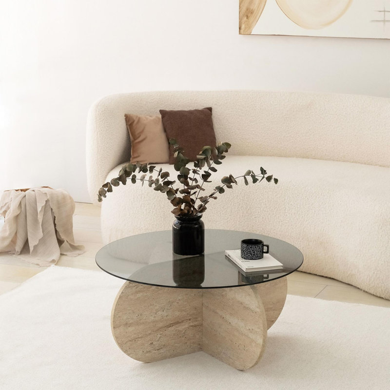 Table basse moderne avec plateau 100% verre, 29,5 po de diamètre x 13,8 po de hauteur | Base de panneau de particules enduite de mélamine durable en couleurs travertin et fumées | Conception élégante en marbre pour les salons et les bureaux élégants