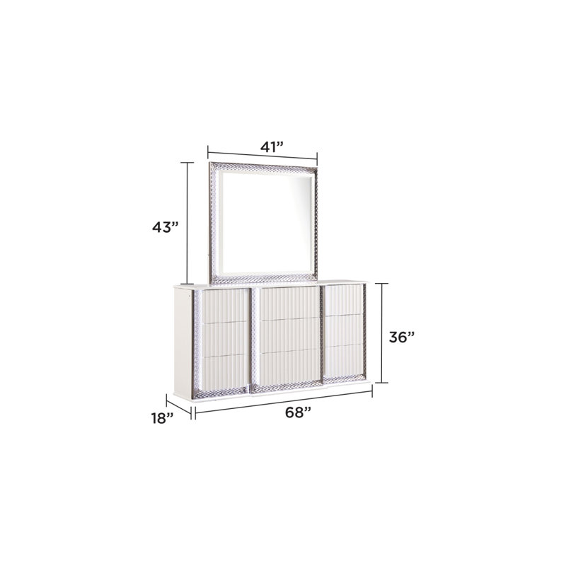 Miroir Fabio de style contemporain avec accents latéraux à motif de losanges avec éclairage à DEL et bois au fini blanc (INCLUT SEULEMENT LE MIROIR) Identique à B009P309319