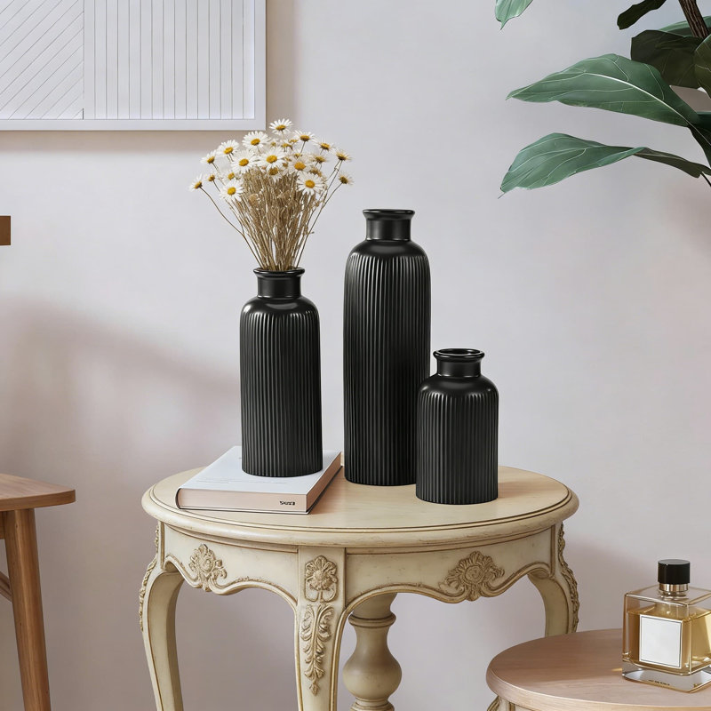 Ensemble de 3 vases en céramique noire, décorations de maison de ferme moderne Boho pour table, tablette, cuisine, salon, chambre à coucher, salle de bain et centre de table