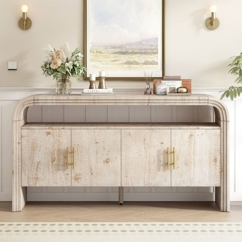 4-door Elegant Console Table With Natural Embossed Texture, Curved Edge And Metal Handles, Natural Wood