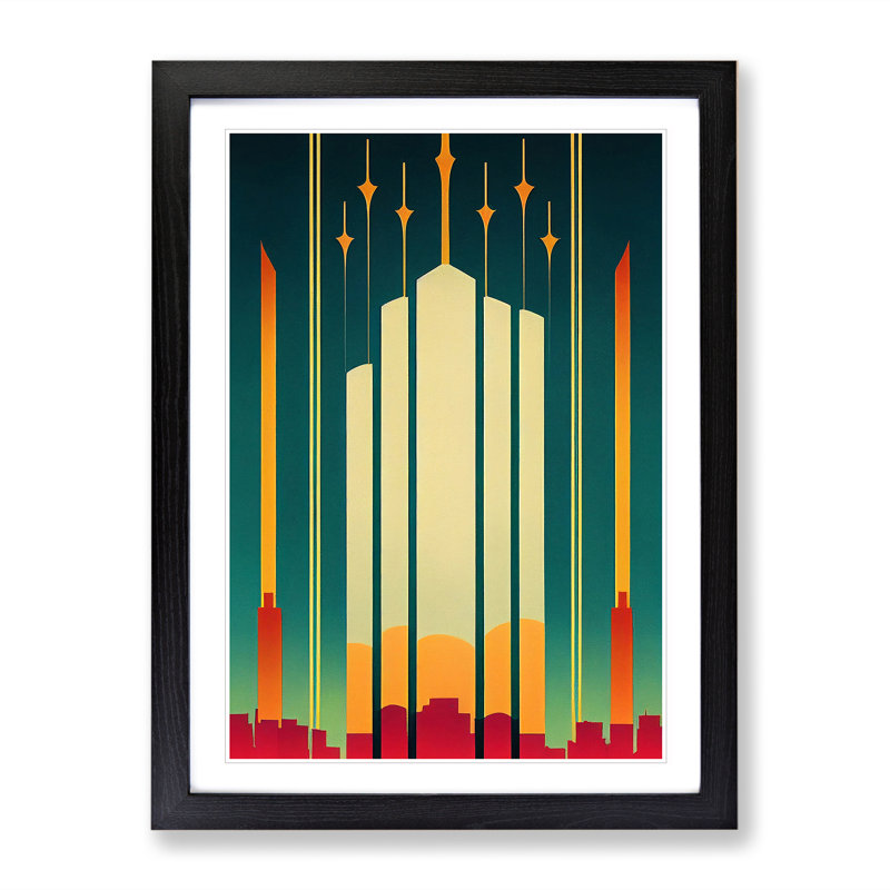 City Skyline In Deco No.3 - Single Picture Frame Print, 64cm H x 46cm W x 2cm D, Black