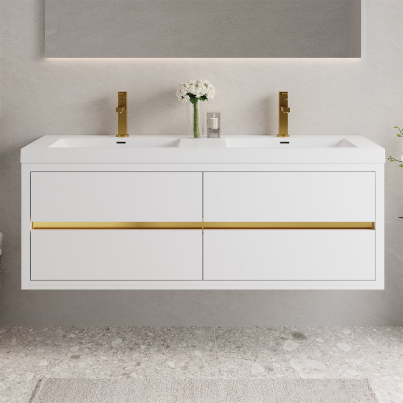 Meuble-lavabo mural avec lavabo, Blanc lustré, 59"