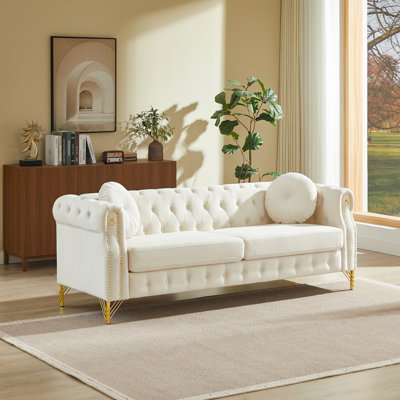 82" Rolled Arm Chesterfield Sofa with Two Pillows