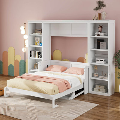 Full Size Wood Murphy Bed With Desk, Modern Mobile Wall Bed With Bookshelf