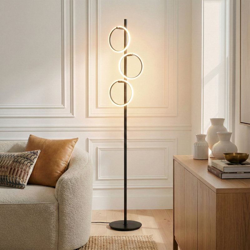 Lampe sur pied DEL moderne de 66 po avec 3 lumières annulaires, finition noire et gradation tactile intégrée à 3 voies Saturn