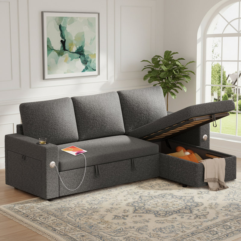 Sleeper Sofa, 82 Inch Pull Out Sofa Bed With Reversible Storage Chaise, USB & Type-C Charging, Hidden Cup Holders, L Shaped Sectional Couch for Living Room, Apartment, Small Space