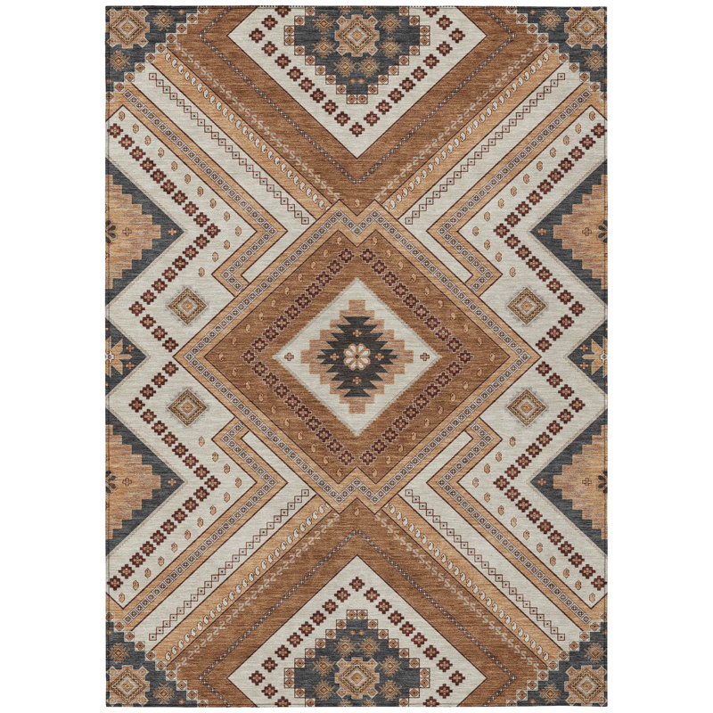Copper and Beige Rectangular Washable Synthetic Area Rug 8' x 10'