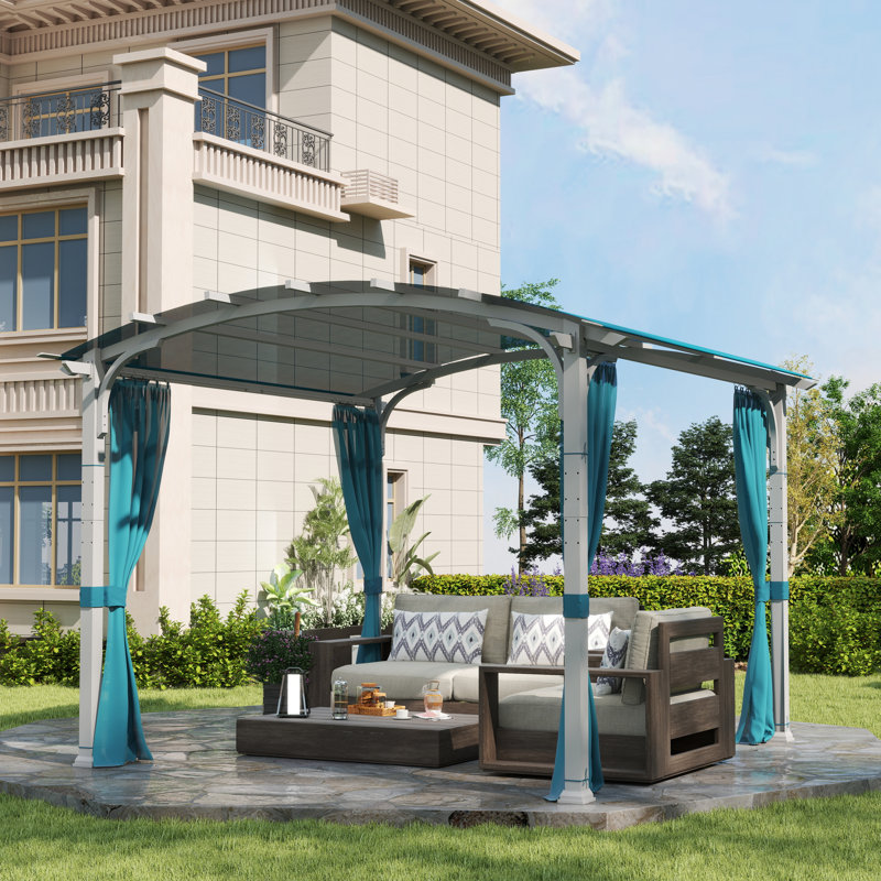 11 Ft. W x 11 Ft. D Outdoor Steel Arched Pergola With Blue Curtain and Canopy
