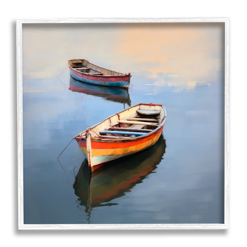 Ba-054 - Bateaux rayés encadrés dans un lac, H 17 po x l 17 po x P 1,5 po, Giclée encadrée blanc bord de mer