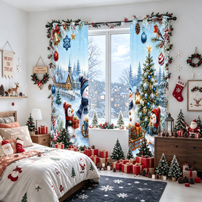 2 pièces rideaux occultants de Noël, bonhomme de neige et pingouins, rideaux occultants, rideaux obscurcissants à œillets pour salon, chambre à coucher, décoration de Noël