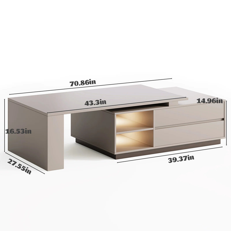 Table basse moderne moderne avec tablettes et tiroirs de rangement, conception extensible pour le salon, le salon, Khaki