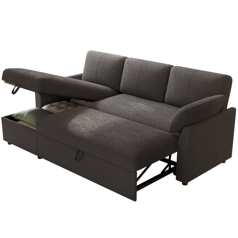  Canapé-lit modulaire avec lit escamotable et méridienne de rangement, revêtement capitonné, Boucle gris
