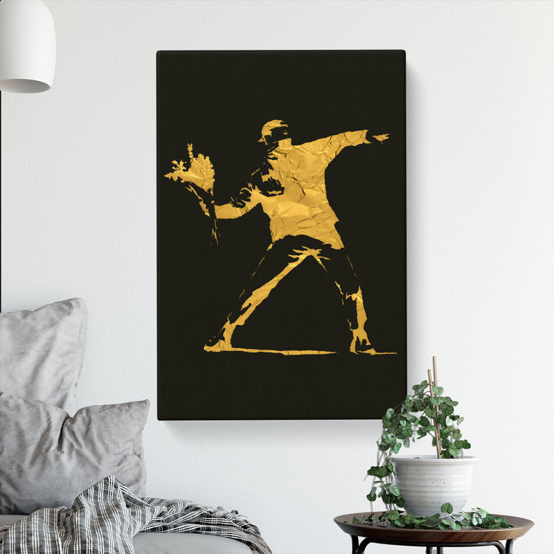 Banksy In Black Gold Flower Thrower - Wrapped Canvas Print, 91cm H x 60cm W x 3cm D