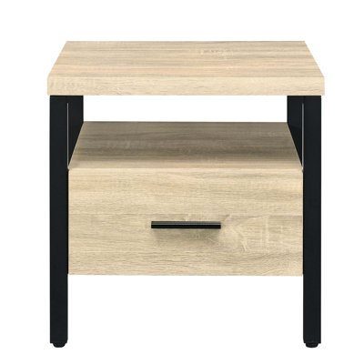 Table d'appoint en chêne et en chêne avec tiroir - idéale pour les espaces de détente Pieds en métal, planche à découper en bois composite rustique et polyvalente, style