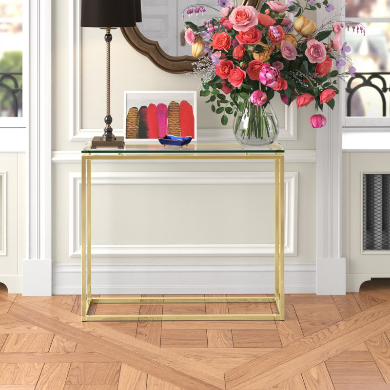 Shreya Glass Top Console Table, 30.32" H x 48.04" W x 12.01" D, Metal Top/Matte Brushed Gold Base