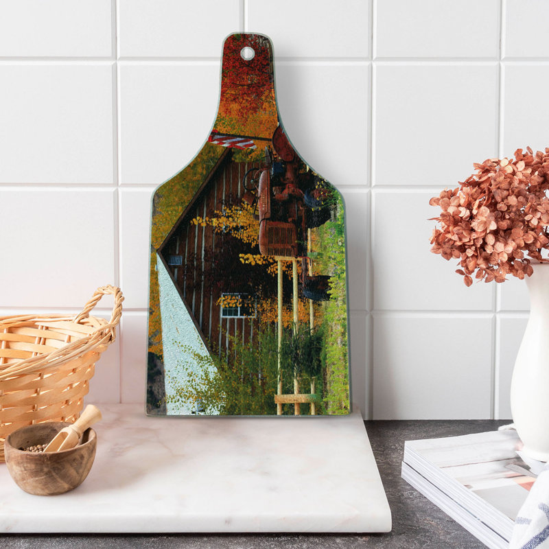 Ambesonne Fall Tempered Glass Cutting Board Rustic Cabin with Tractor Multicolor