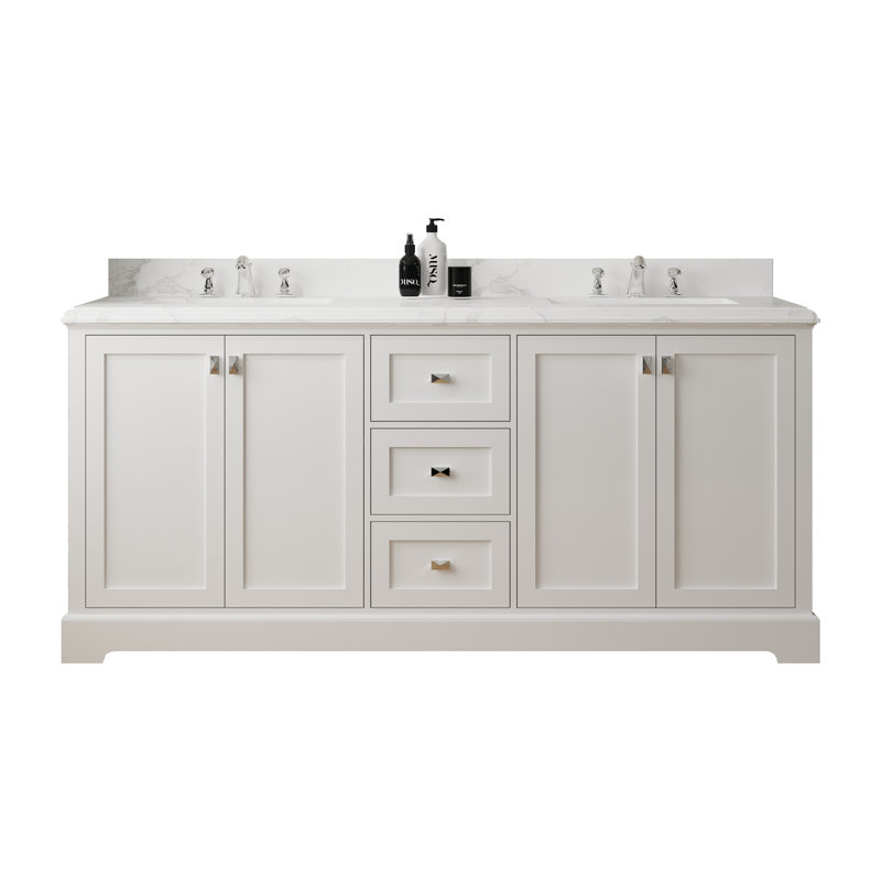 72'' White Plywood Double Bathroom Vanity with Marble Top