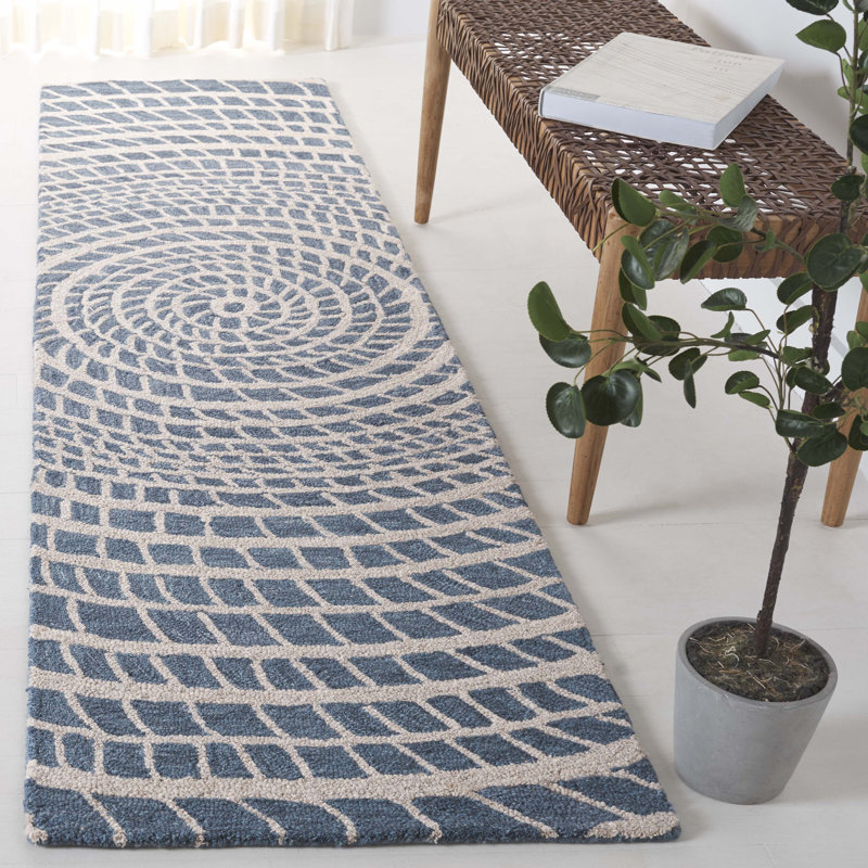 Ebony Hand Tufted Wool/Cotton Abstract Rug in Blue/Ivory, Runner 2'3" x 9'