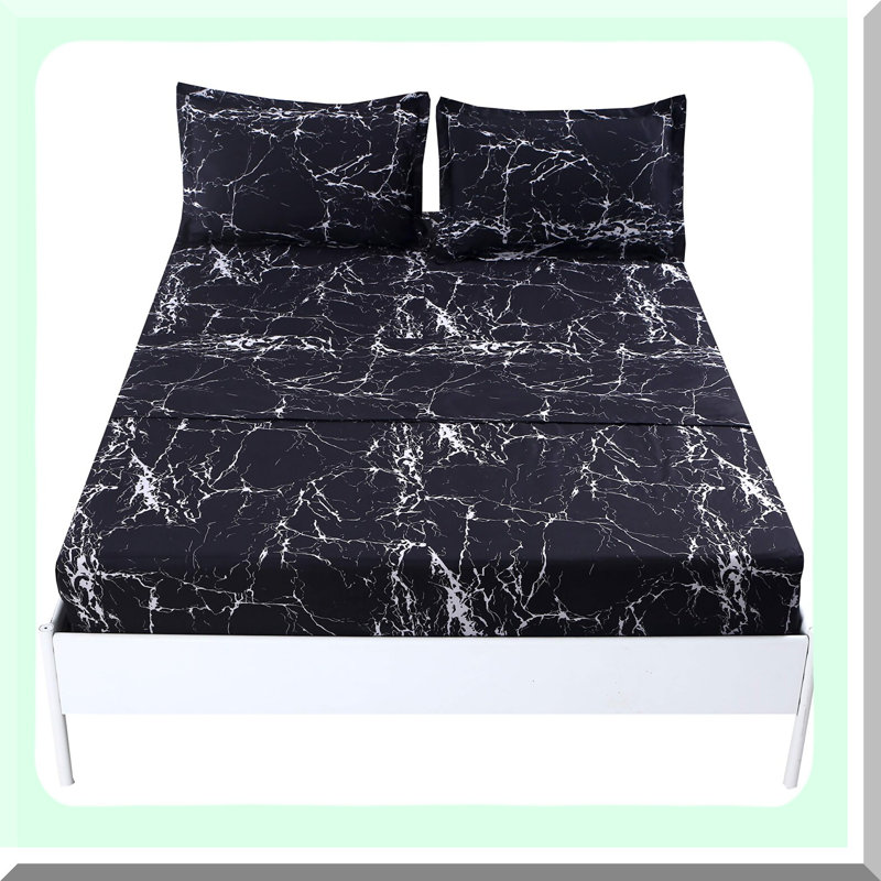 Luxury MarbleSoft 4PC Bed Sheet Set - Super Soft Microfiber, Black Marble Design, Deep Pocket, Includes Fitted Sheet, Flat Sheet, 2 Pillowcases