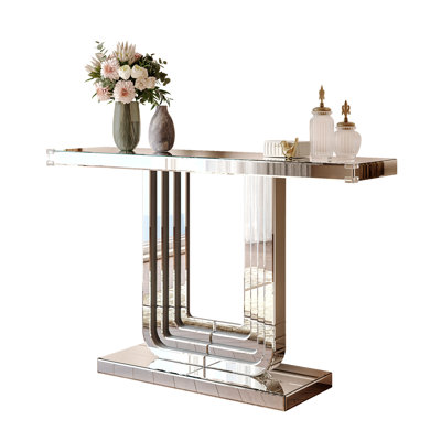 Console miroir argentée avec piètement en U et lignes assemblées à la main, idéale pour le salon, le corridor ou le hall d'entrée, 119 cm (47 pouces).