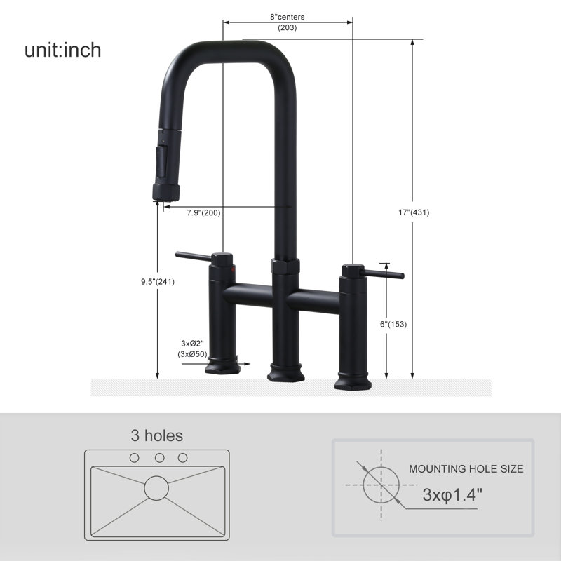 3 Holes Brass Double Handle Bridge Kitchen Faucet With 2-Mode Pull Down Sprayer And Supply Lines, Matte Black