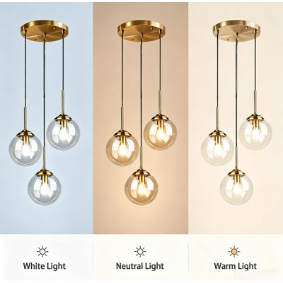 Modern 3-Light Pendant Chandelier  Amber Glass Hanging Ceiling Light with Adjustable Cords & 3 Color Temperatures for Dining Room, Kitchen Island, and Entryway