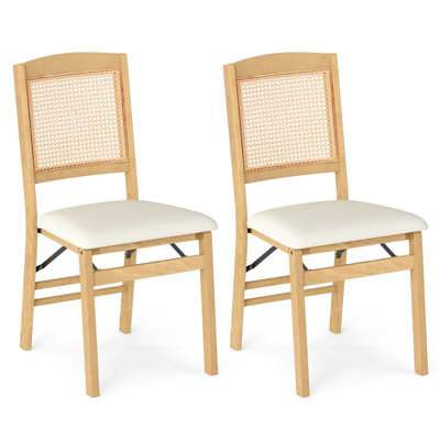  Ensemble de 2 chaises de salle à manger pliantes, chaises en bois d'hévéa avec sièges rembourrés en lin, dossier en rotin bohème, conception peu encombrante, naturel