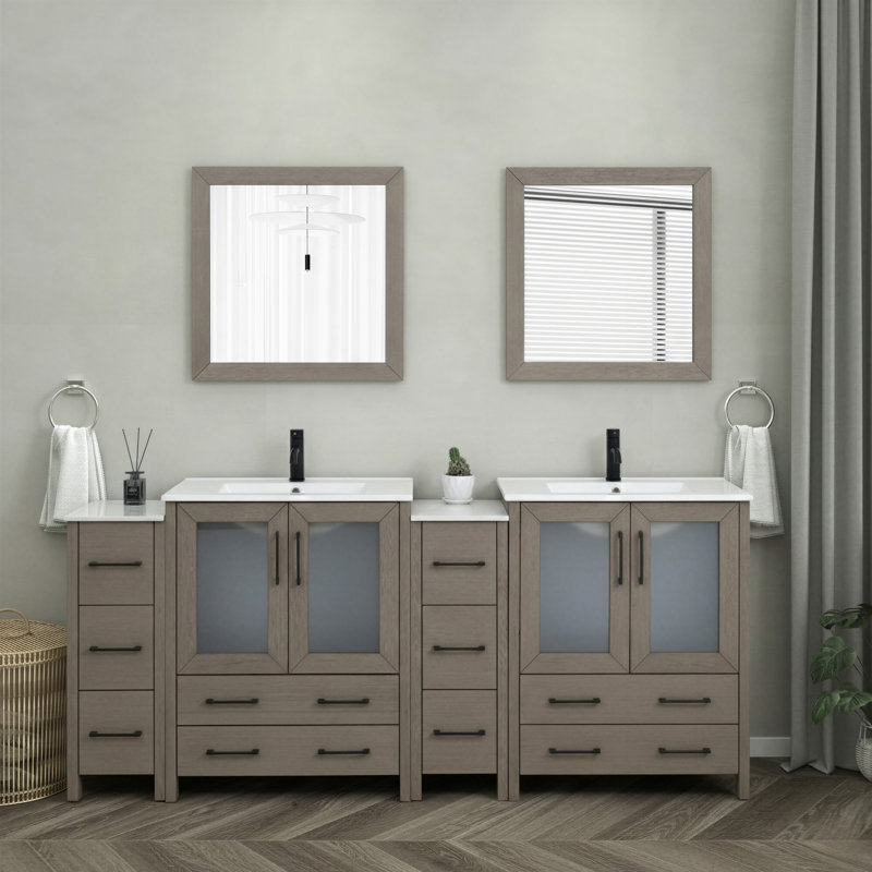  Ensemble de meuble-lavabo double 84 "avec miroir 84", Gris foncé