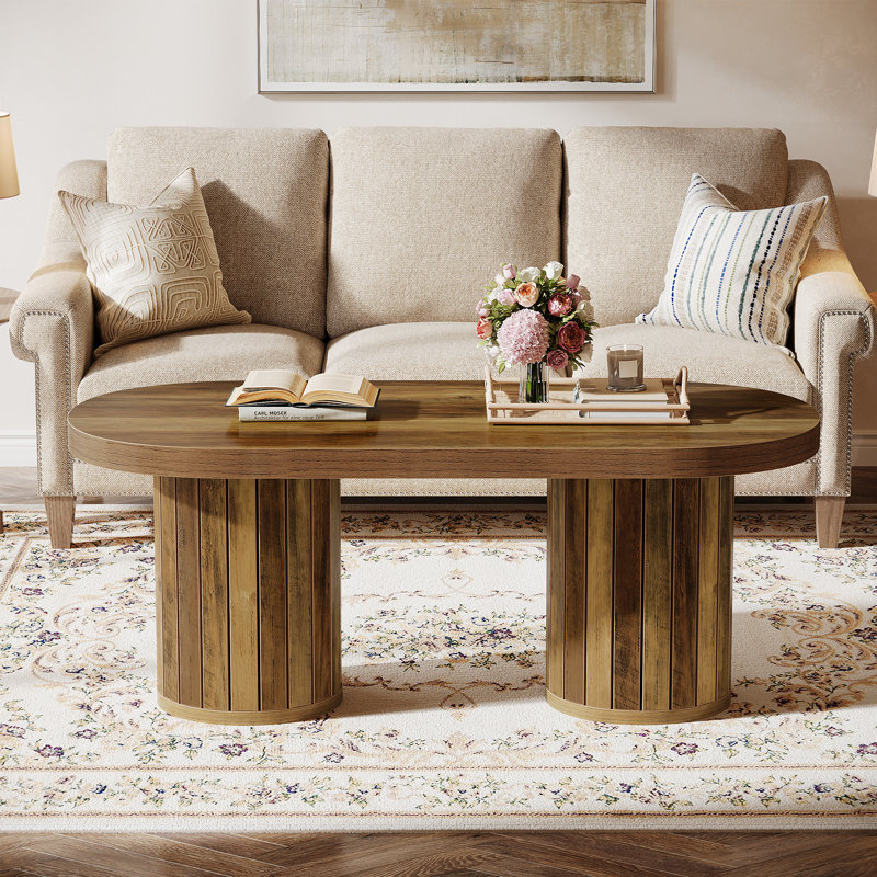 47.2"Wooden Oval Coffee Table With Slatted Cylindrical Legs