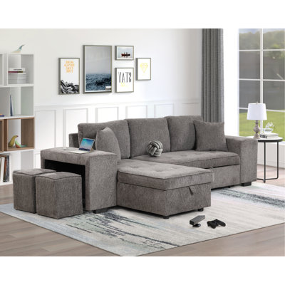 Canapé modulaire réversible en L de 104,5 po à 3 places, canapé-lit escamotable avec méridienne de rangement et 2 tabourets pour le mobilier de salon, gris anthracite Knox
