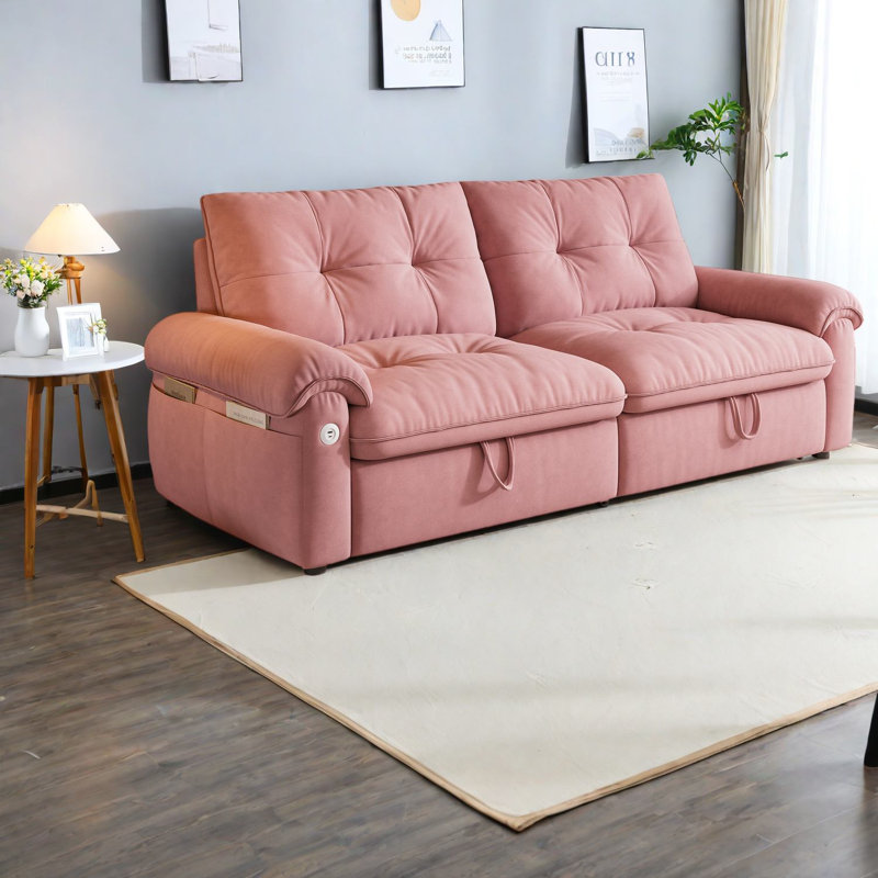 Canapé-lit multifonctionnel en velours rose, style moderne convertible pour les salons
