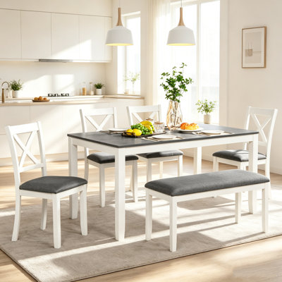 6-Piece Dining Table Set with Bench, Wood Dining Table Set for 6, Modern 6-Person Dining Table Set for Dining room, Kitchen, Grey & White two tone
