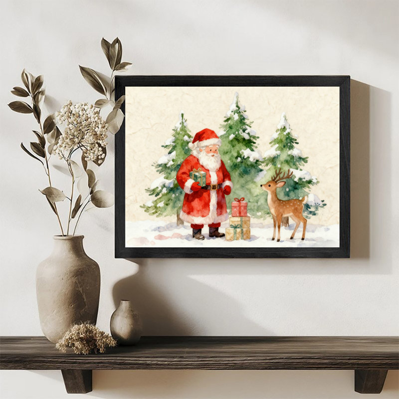 Reproduction d'art encadré noir, père Noël et renne, H 13 po x l 17 po
