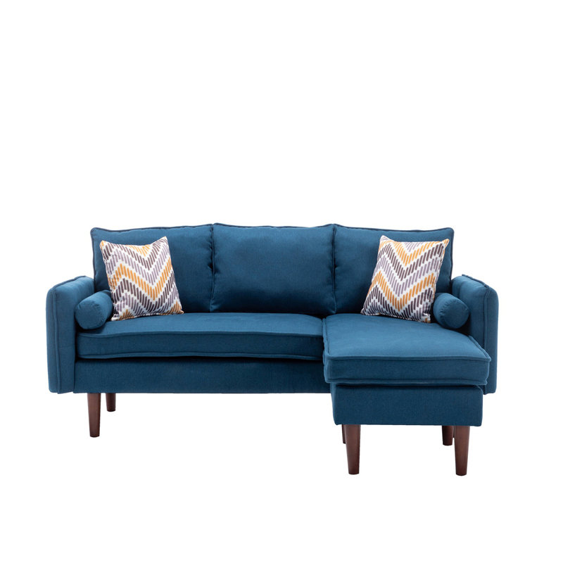 70"W Sectional Sofa Chaise With Usb Charger & Pillows, Blue Linen