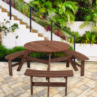 Peddie 6-Person Circular Outdoor Wooden Picnic Table with 3 Built-in Benches